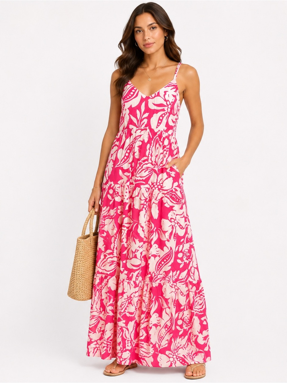 Floral Pink Tiered Maxi Dress with Spaghetti Straps